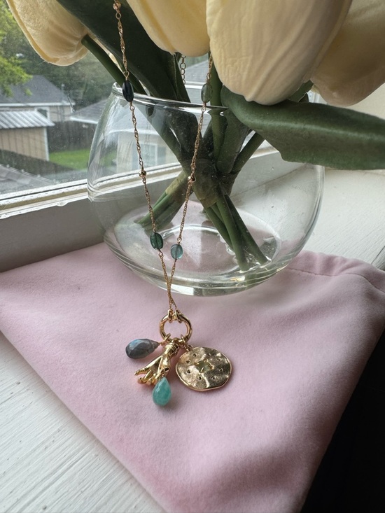 Serefina Jewelry - Gold Pendant Necklace with Green and Teal Gem Accents